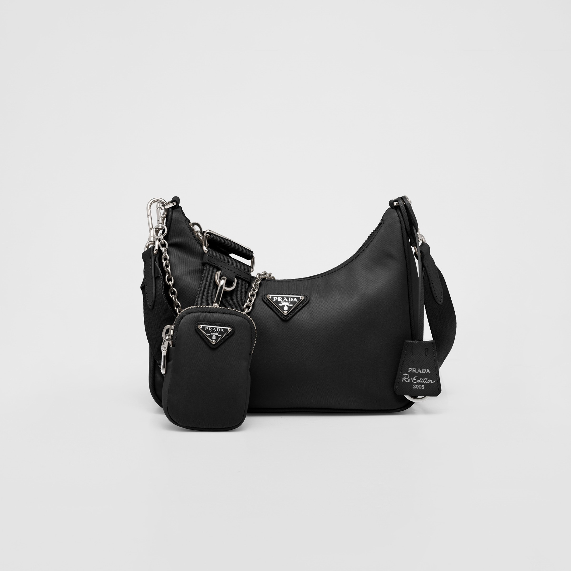 RE-EDITION 2005 RE-NYLON BAG  AND SAFFIANO MINI BAG, BLACK (SILVER BUCKLE)