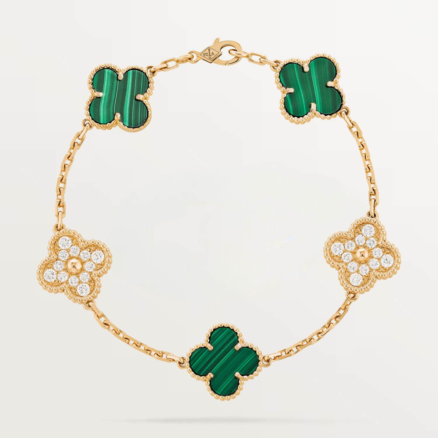 DIAMOND VINTAGE BRACELET, 5 MOTIFS, MALACHITE, YELLOW GOLD