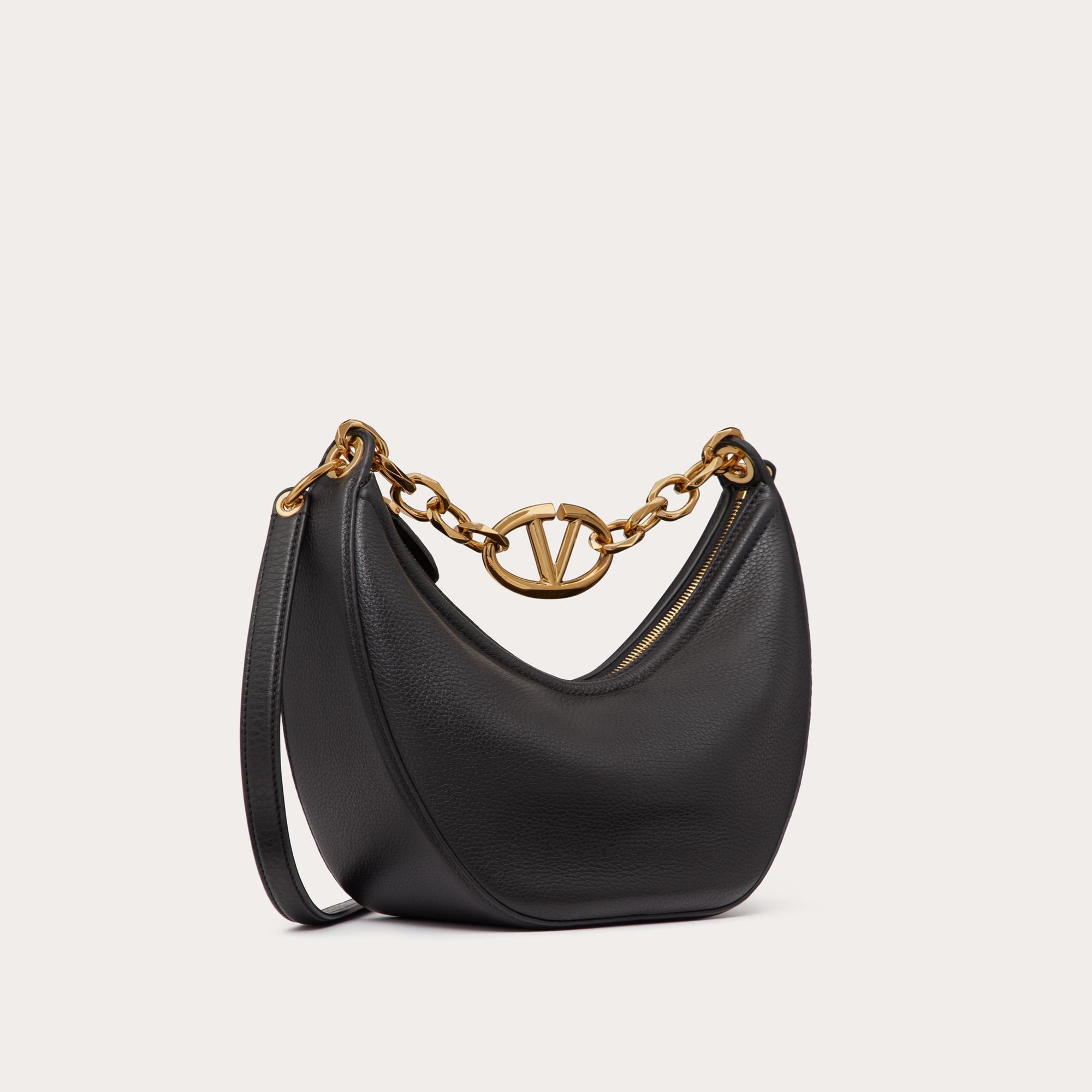 SMALL VLOGO MOON HOBO BAG IN GRAINY CALFSKIN WITH CHAIN, BLACK