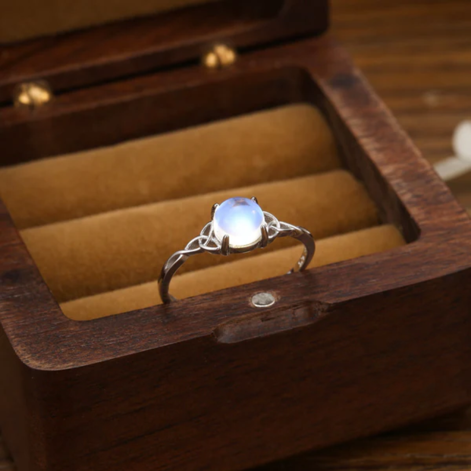 Sterling Silver Celtic Knot Ring with Simulated Moonstone, Adjustable Size, Celestial Jewellery, Dainty and Delicate, Moon Ring