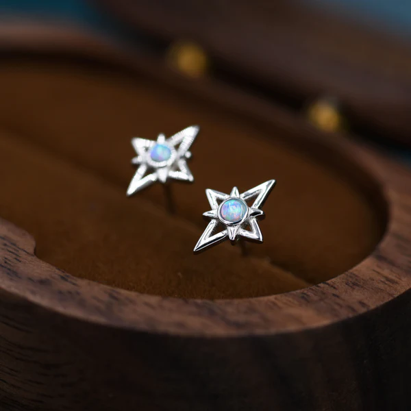 North Star Opal Stud Earrings in Sterling Silver – Gold or Silver – Opal Starburst Earrings – Petite Stud Earrings