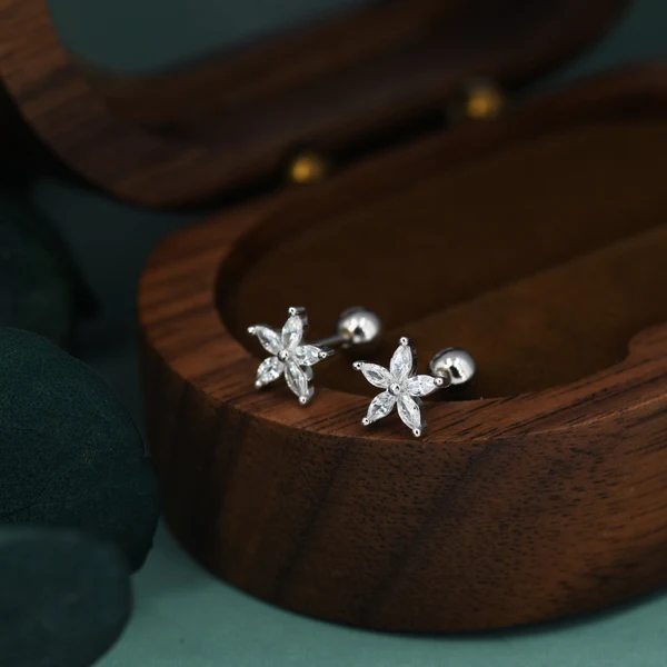 Sterling Silver CZ Flower Barbell Earrings, Gold or Silver, Marquise CZ Screw Back Earrings, Stacking Earrings