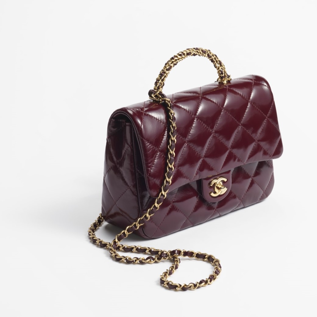 MINI FLAP BAG WITH TOP HANDLE, BURGUNDY