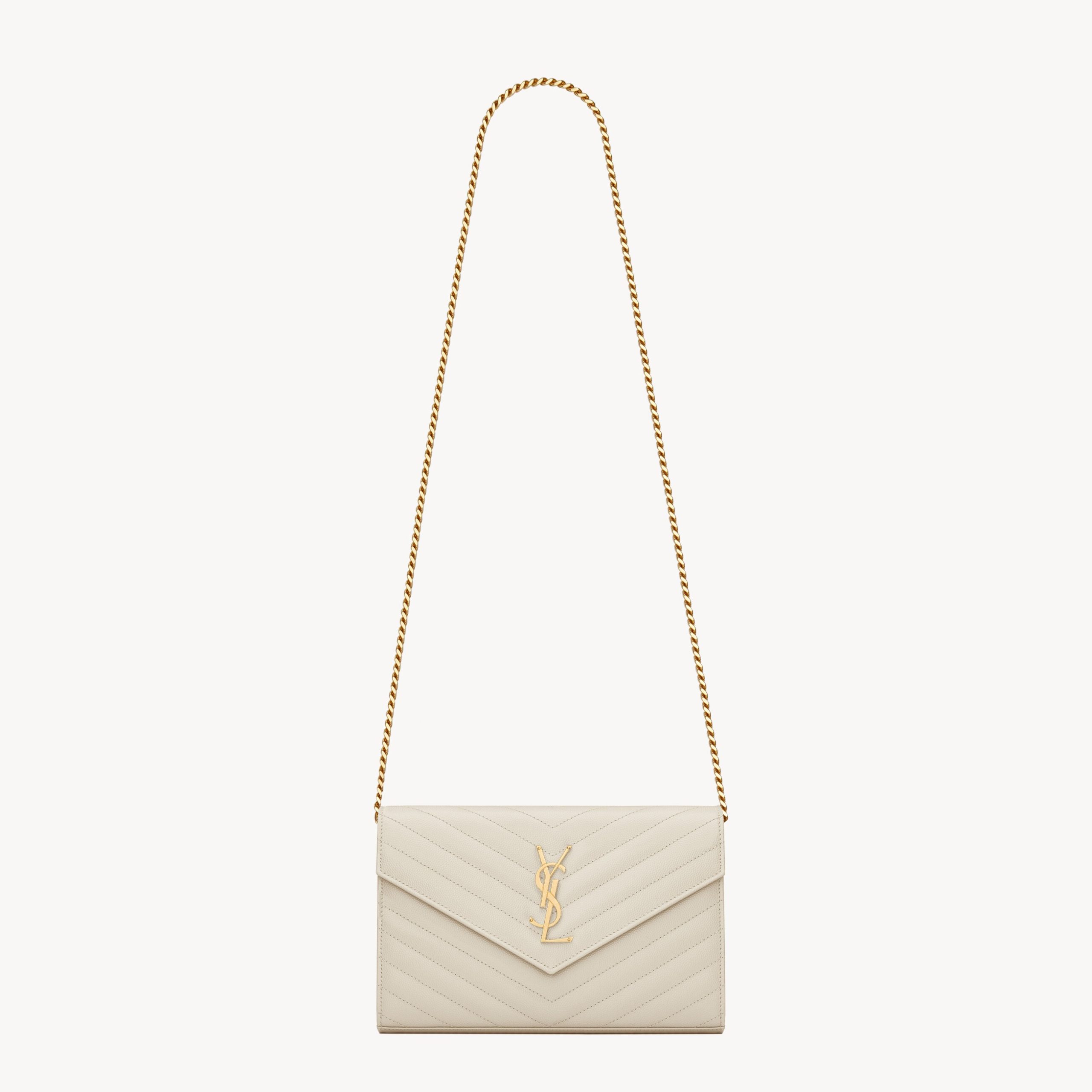 CLASSIC CASSANDRE CHAIN WALLET IN GRAIN DE POUDRE LEATHER, BLANC VINTAGE/ GOLD