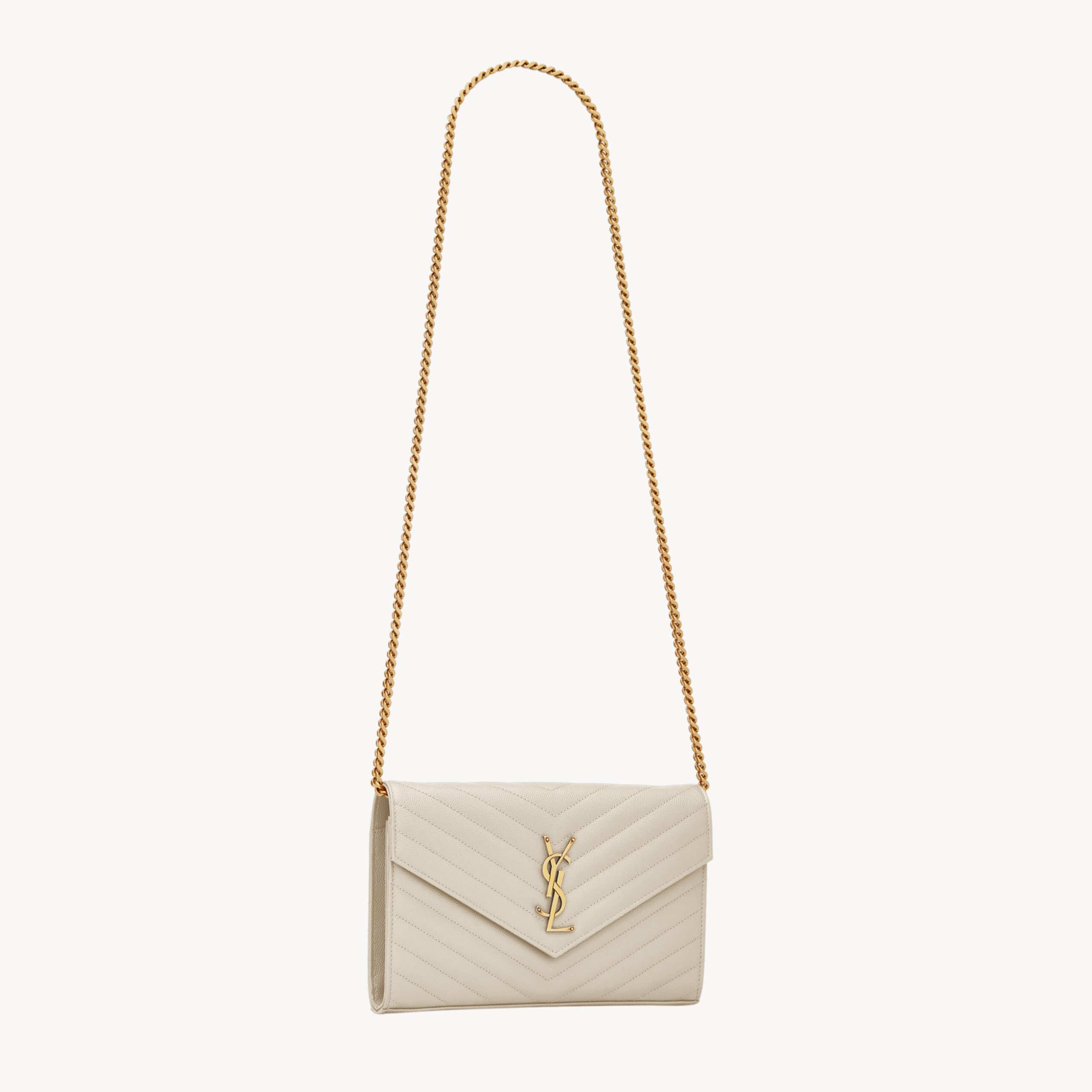 CLASSIC CASSANDRE CHAIN WALLET IN GRAIN DE POUDRE LEATHER, BLANC VINTAGE/ GOLD